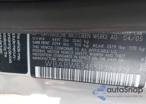 2005 BMW 330Ci из США, поврежденный, VIN WBABW53455PJ96919